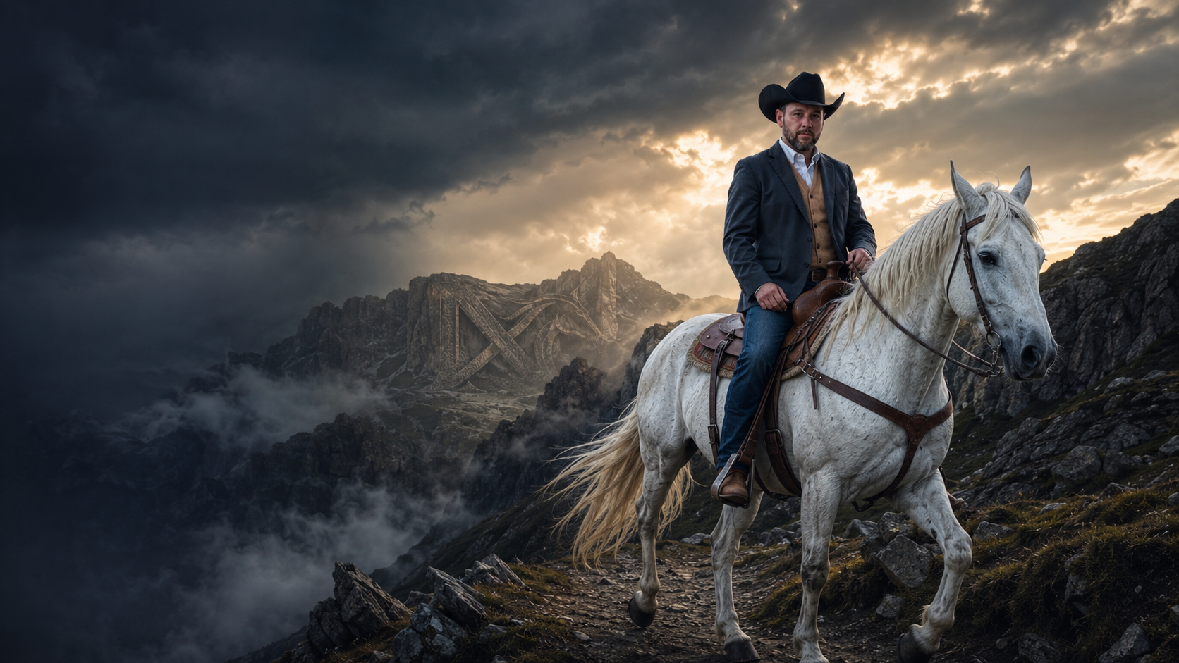 Chad Northrein riding Gus through dark alpine mountains