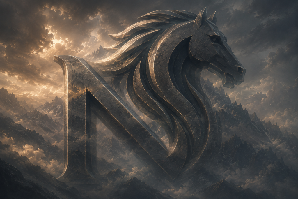 NORTHREIN horse emblem over stormy mountains